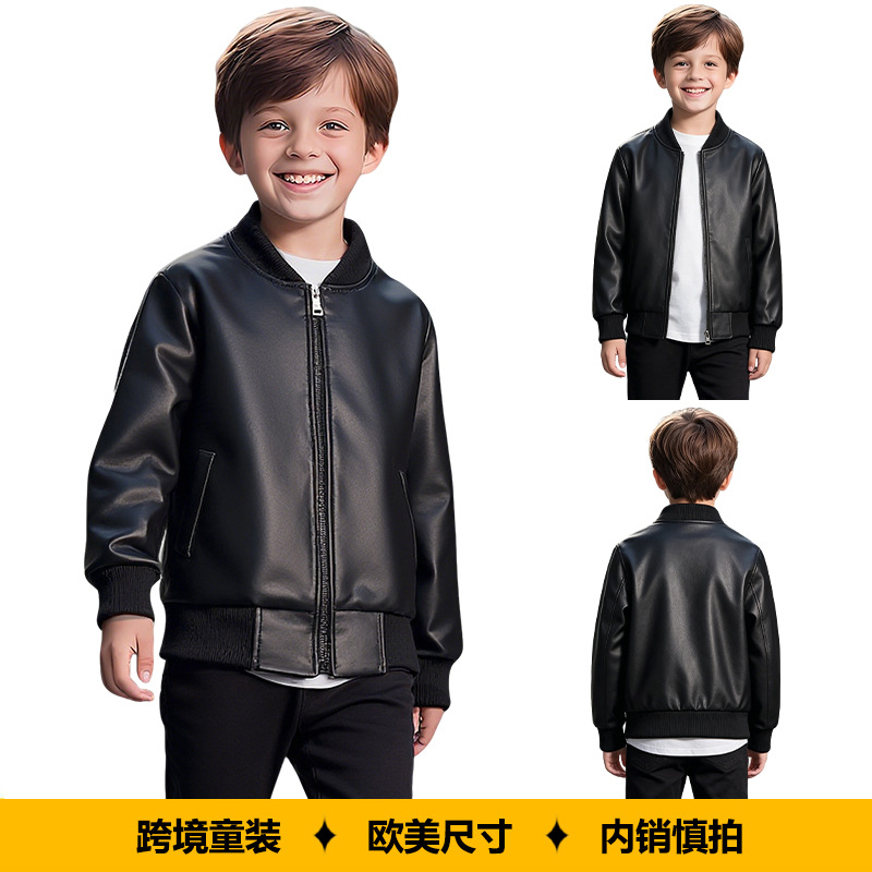 Cross-Border Amazon Spring and Autumn Boys' Pu Leather Jacket Children's Stand Collar Zipper Baseball Jacket European and American Style Casual Outerwear