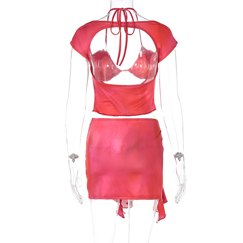 Women Clothing Summer Autumn Wrapped Chest Short Sleeve Lace up Irregular Asymmetric Skirt Set Two Piece Set