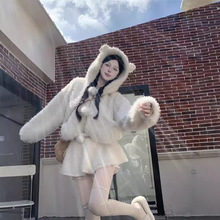 冬季新款软妹套装小熊耳朵毛绒绒保暖连帽外套软糯显瘦半身短裙女