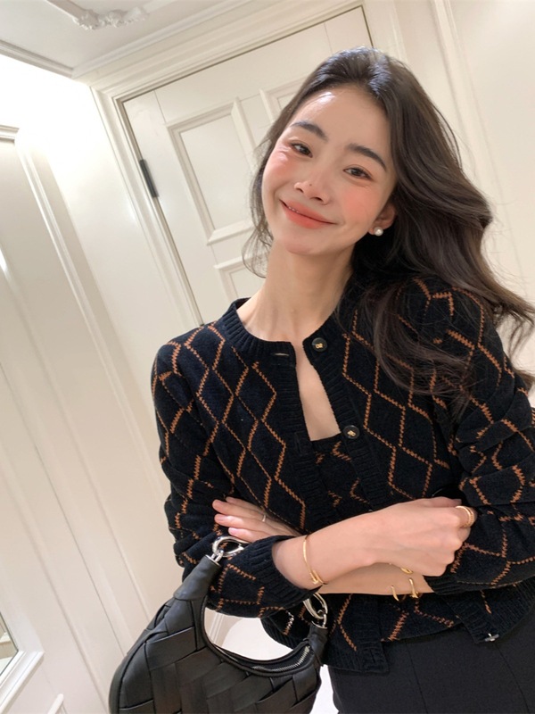 港米 特种纱镂空提花羊毛针织衫套装女秋冬开衫背心两件套上衣|undefined