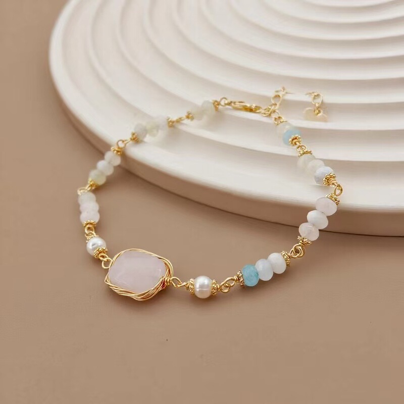 Original Handmade Freshwater Pearl Rose Quartz Optimized Stone Bracelet for Women, Accessible Luxury Niche, Exquisite French High-End Sense for Women