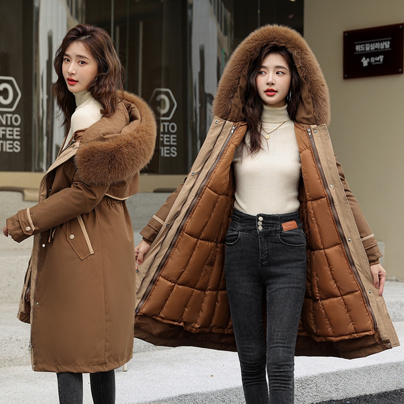 One Clothes Three Wearing Removable Parker Fur Collar Women's Mid-length Over-the-knee Cotton-padded Coat Thickened Tight Waist Slim-fit Cotton-padded Jacket Coat