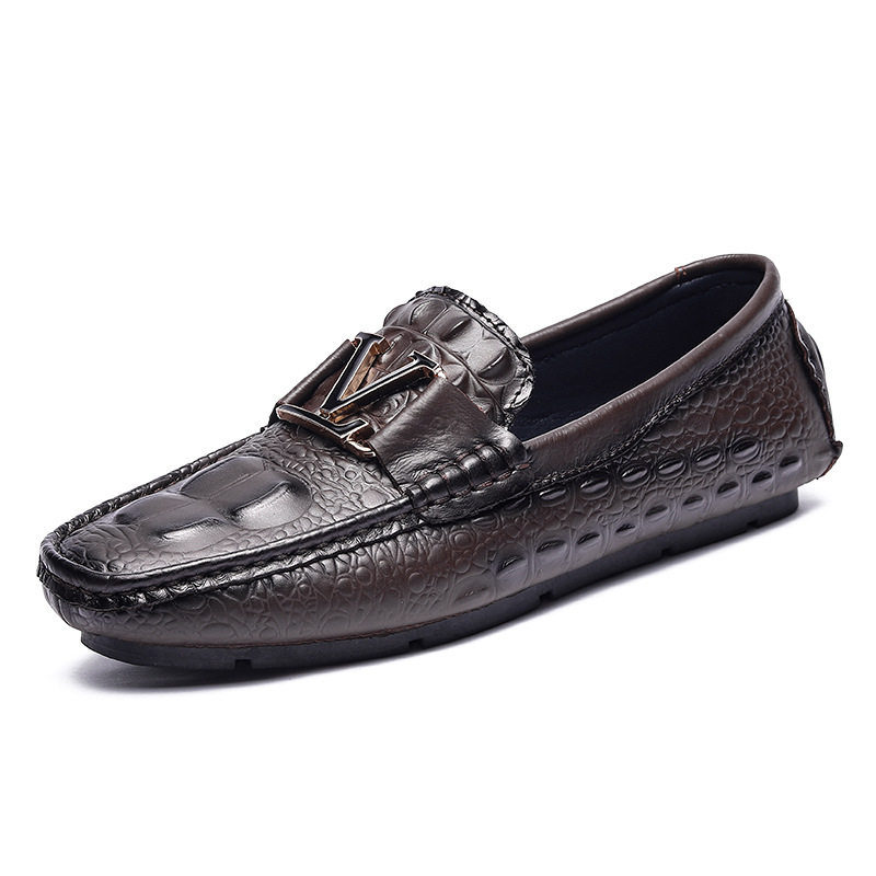 Giày lười nam da bò vân cá sấu mũi tròn, đế bằng, kiểu lái xe cỡ lớn — V6655 màu kaki quý phái, V6655 màu nâu quý ông, V6655 màu đen quý phái, Vàng địa phương V6655