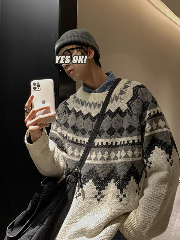 Suéter de estilo de Hong Kong hombres sueltos ins marca de moda guapo suéter abrigo de los hombres otoño estilo coreano de moda todo fósforo suéter Retro