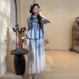 2025法式格子套装3D印花夏季女装新款吊带蕾丝半身裙两件套图片色