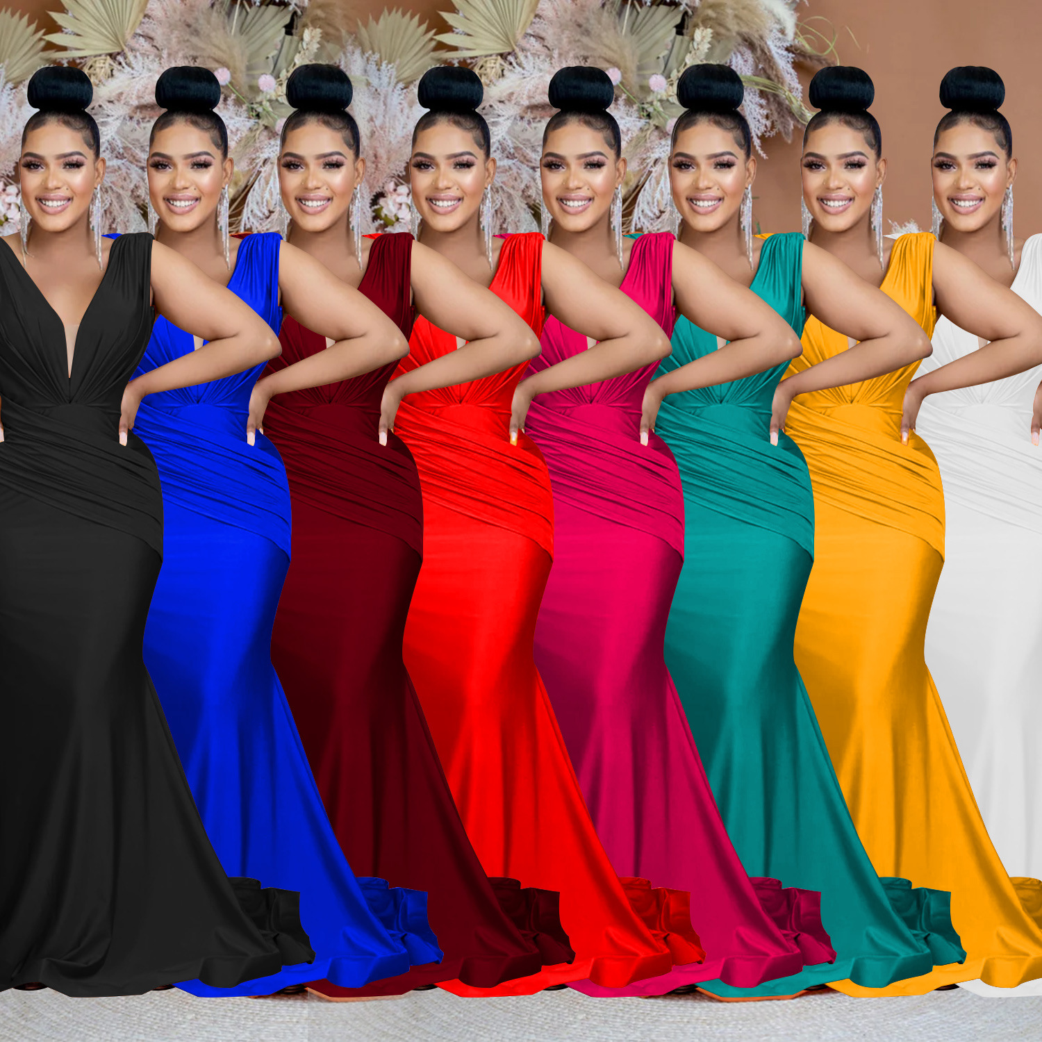 C6357 transfronteriza AliExpress Amazon moda europea y americana de las mujeres de color sólido con cuello en V sin mangas vestido plisado vestido de las mujeres image 1