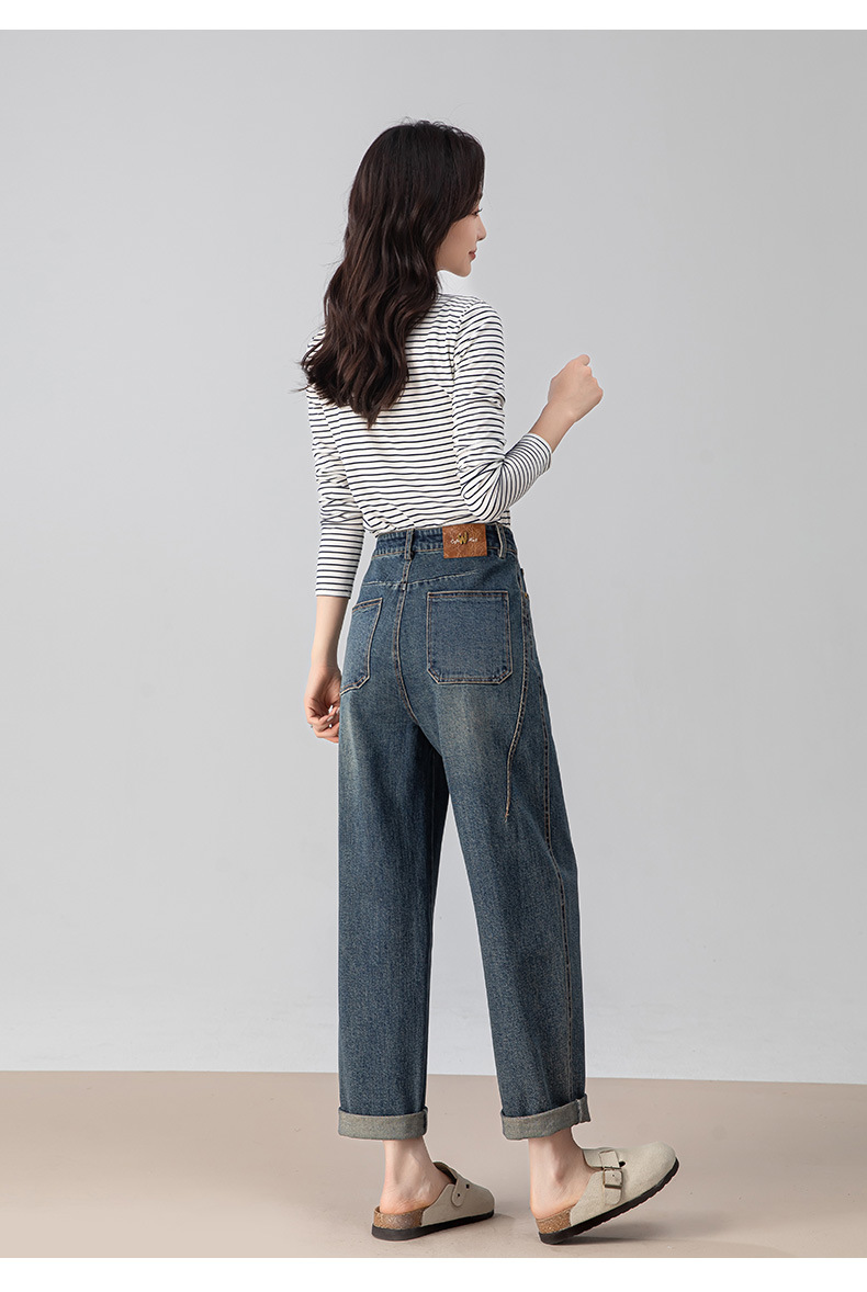 Quần jeans nữ cạp cao ống rộng dáng chuối — màu xanh chi tiết 5