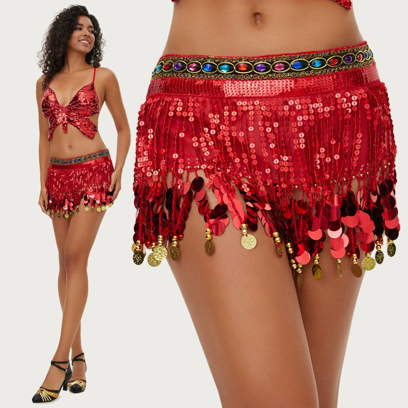 Трансграничный пояс для танца живота с пайетками и кисточками, танцевальный платок на бедра, индийский танцевальный гонг, тренировочный платок на бедра из чистых пайеток, аксессуар для талии.