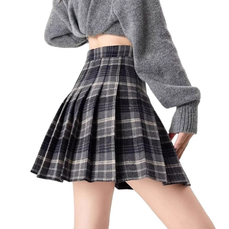 秋冬の女性用レトロチェック柄ウールスカート、小柄な人向けの万能ハイウエスト、スリムで露出防止のAラインプリーツスカート|undefined