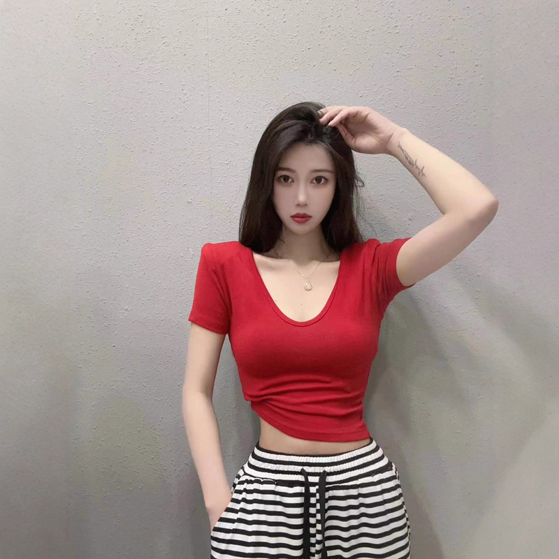 Versatile Soft and Stretchy V-Neck Short-Sleeve T-Shirt 2025 Korean Style Slim Fit High-Waisted Spicy Girl Short Padded Shoulder Top for Women Versatile Soft and Stretchy V-Neck Short-Sleeve T-Shirt 2025 Korean Style Slim Fit High-Waisted Spicy Girl Short Padded Shoulder Top for Women