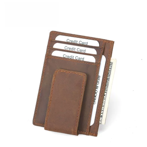 Cross-Border Men's and Women's First-Layer Cowhide Crazy Horse Leather Magnetic Card Holder European and American Anti-Theft Brush Genuine Leather Multi-Card Slot Dollar Clip