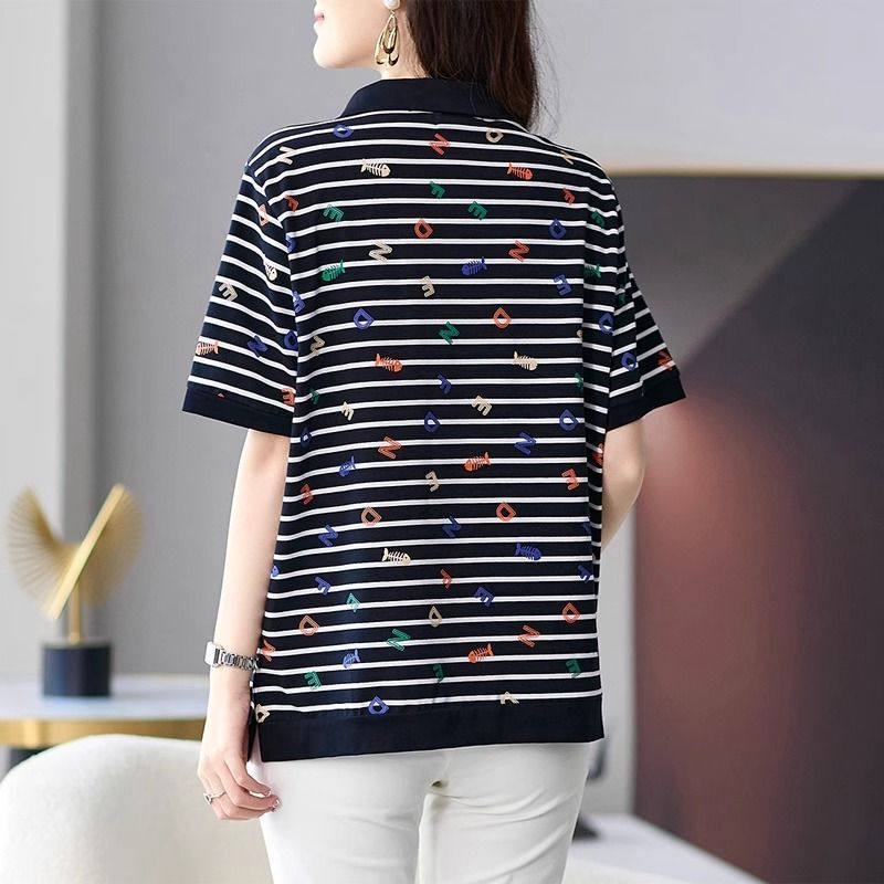 200斤の高級な大きいサイズのアルファベットのストライプの半袖のtシャツの女性の夏の太っているmmのゆったりしているお腹を隠して肉を隠してやせている上着を現します。|undefined