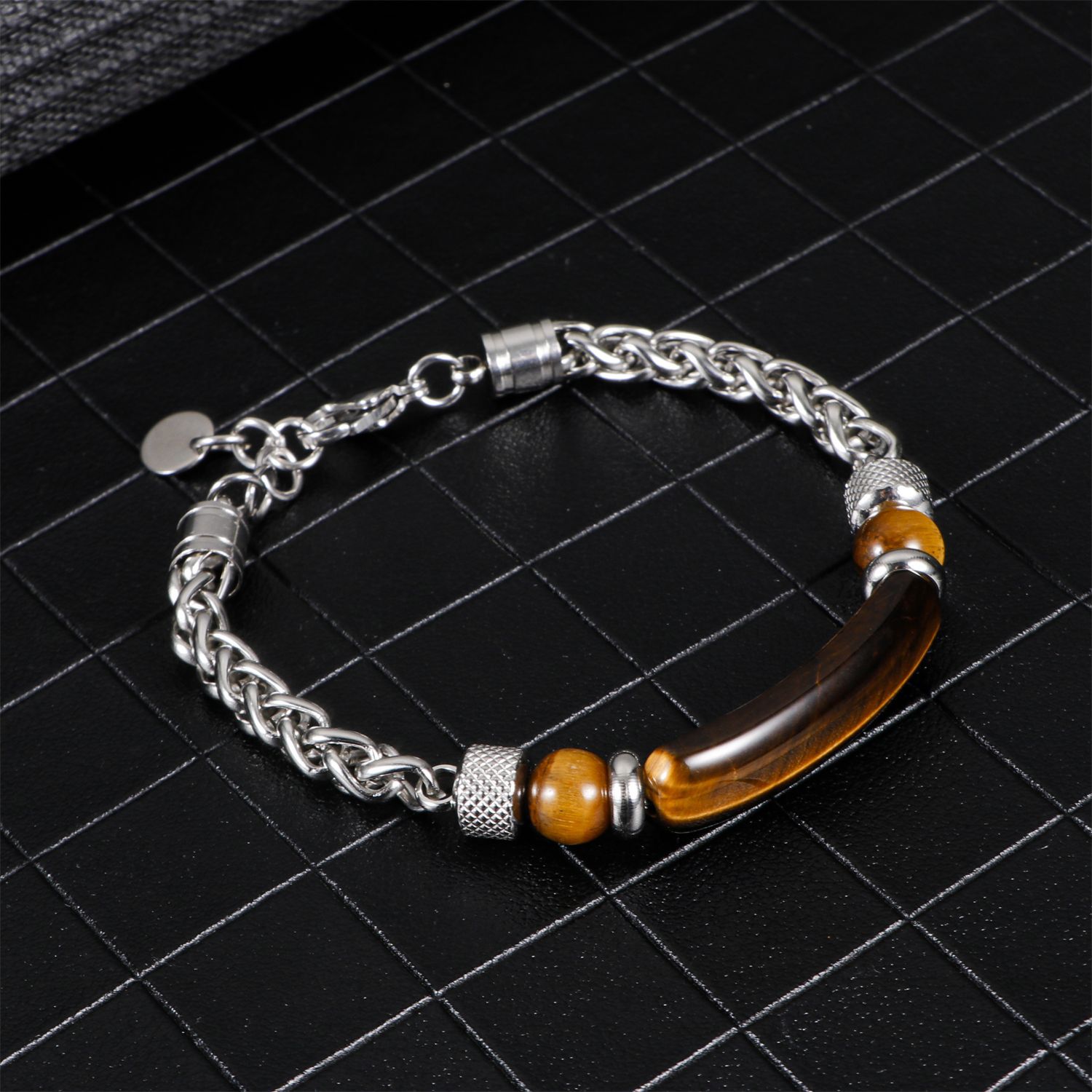 Bracelet - Natural tiger's eye stone and stainless steel bracelet, retro style