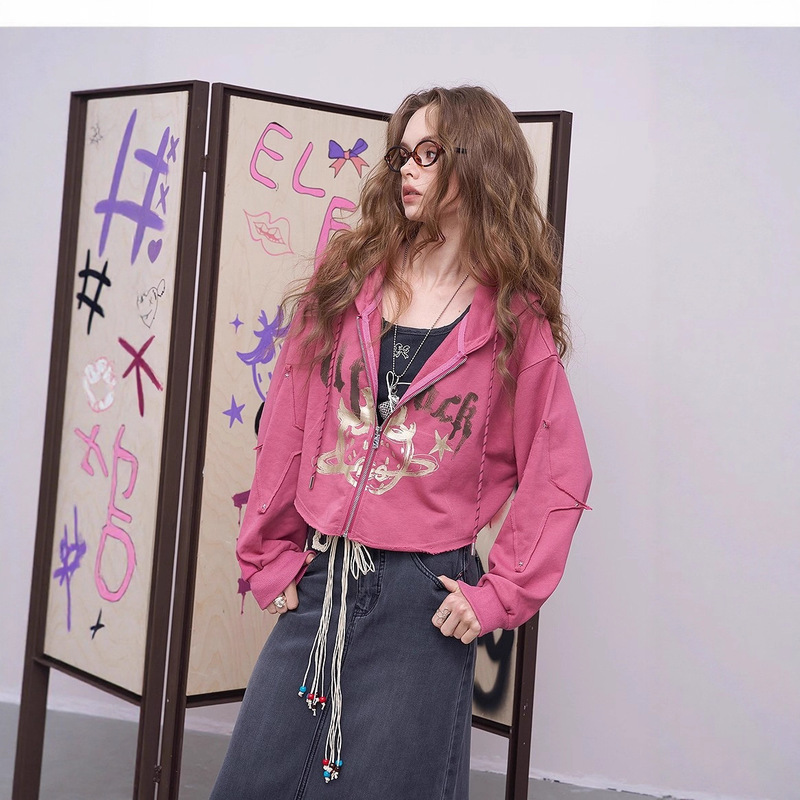 Fairy's Pocket American Strawberry Print Hooded Sweatshirt Jacket Women's 2025 Autumn New Small Thin Cardigan