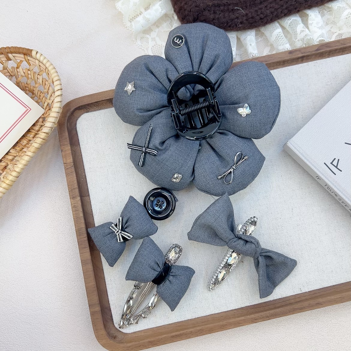 韓版新款經典西裝灰充棉蝴蝶結水鑽髮夾氣質高級感碎髮夾邊夾髮飾