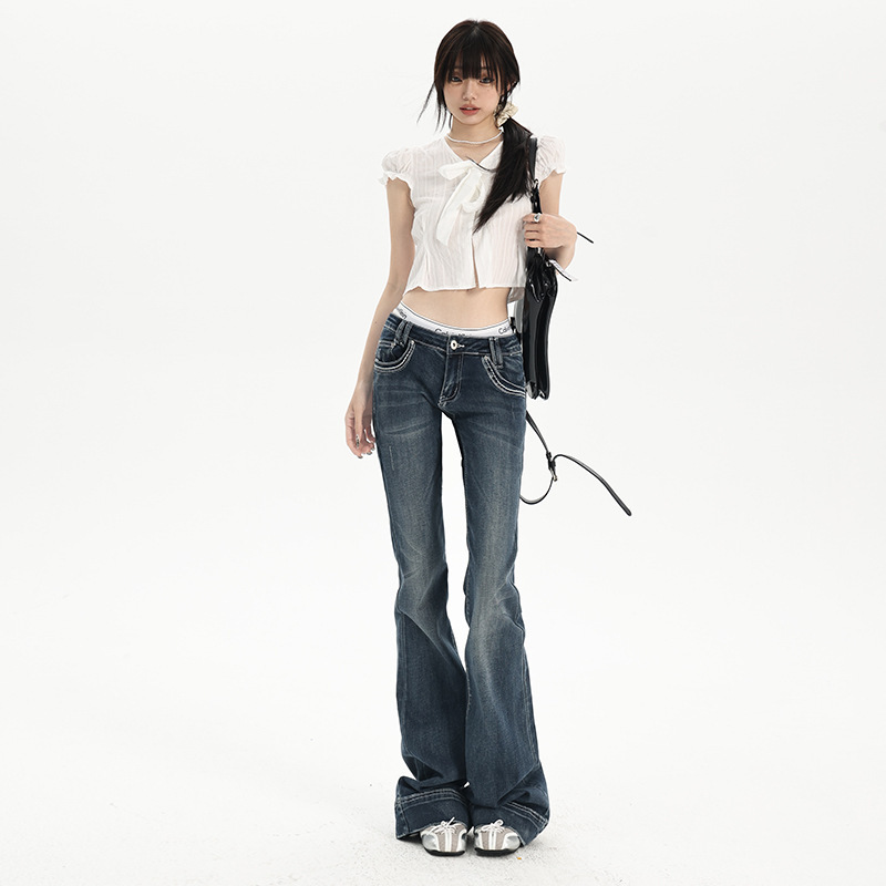 American-Style Plus-Size Washed Embroidered Flared Jeans for Women, Low-Rise Slim-Fit Floor-Length Pants 2025