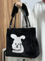 Niche Design Plush Tote Bag for Women&mdash;Autumn/Winter Artistic & Creative Large-Capacity Fuzzy Bag with Little White Rabbit Pattern, Shoulder-Strap Style, for Women