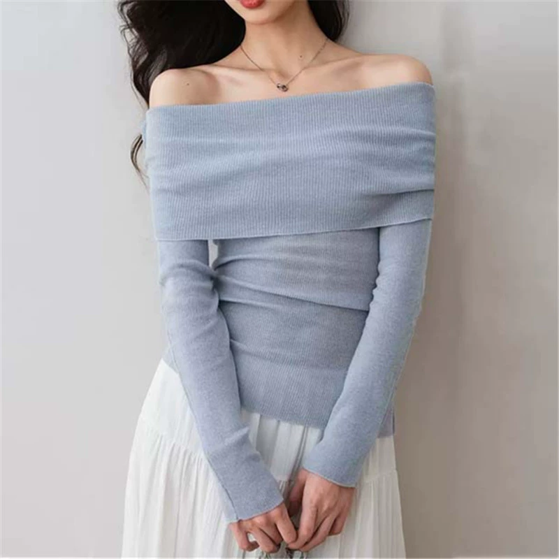 Atmospheric knitted spring fitted blue fuchsia sweater