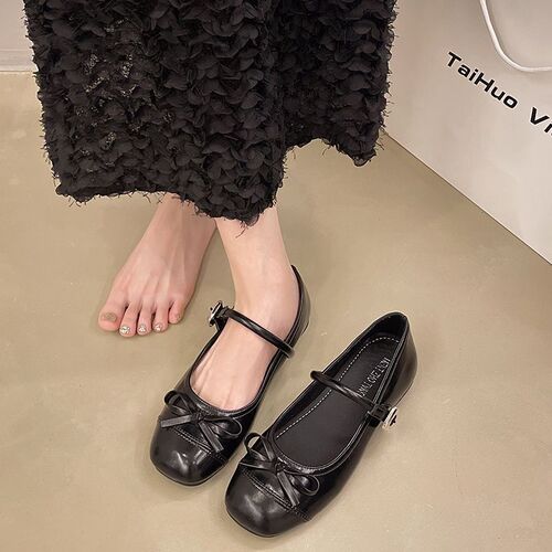 Silver Color Fitting Butterfly Knot Open-Toe Ballet Flats for Women Spring New French Style Flat Mary Jane Retro Leather Shoes