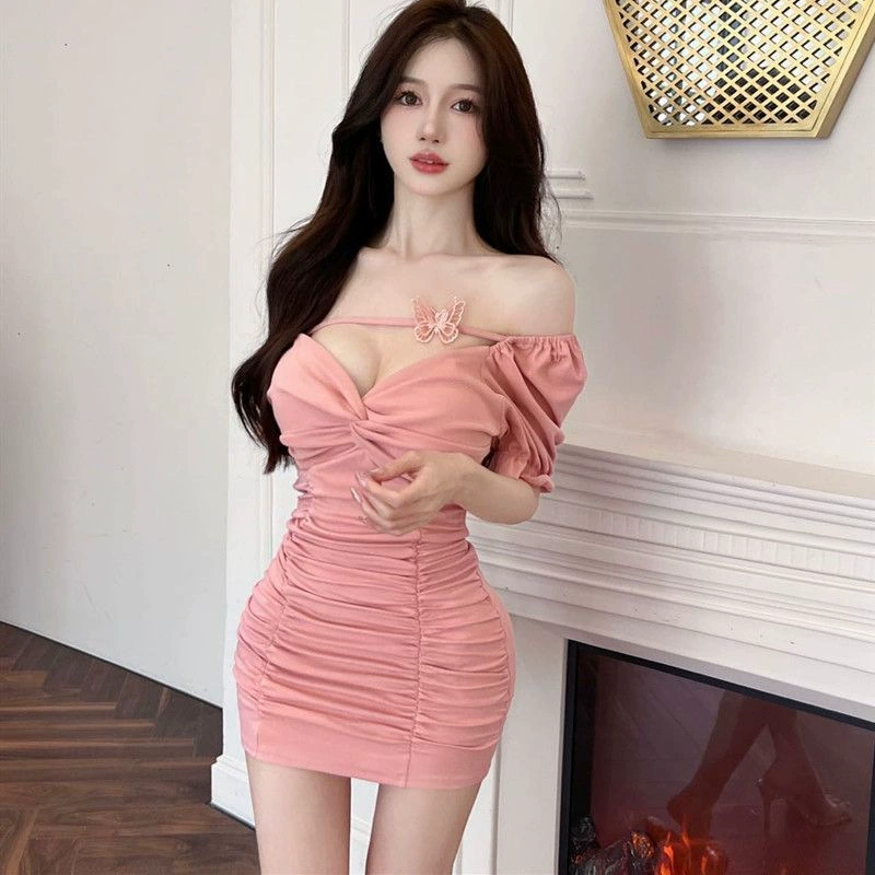 Горячее женское сексуальное розовое платье с короткими рукавами и глубоким вырезом, плиссированная обтягивающая юбка на бедрах, рабочая одежда для ночного клуба, летняя одежда