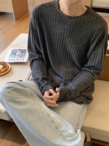 Light Gray Knit Long-Sleeve T-Shirt for Men - Spring and Autumn Season Cleanfit Base Shirt - Relaxed Style High-end Crew Neck Sweatshirt