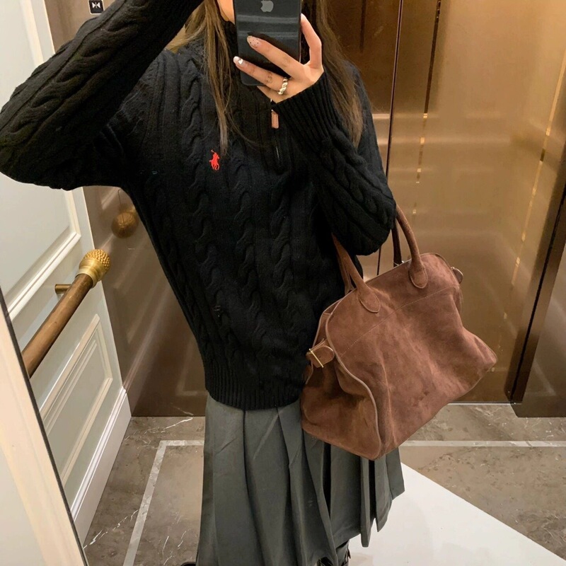 麻花刺绣半拉链毛衣女2025春秋冬小众软糯高级感针织衫慵懒风上衣|undefined