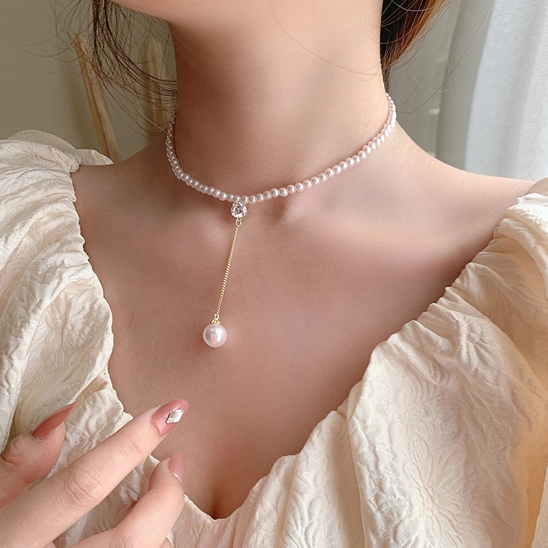 Korean Pearl Rhinestone Chain Tassel Alloy Clavicle Chain display picture 1