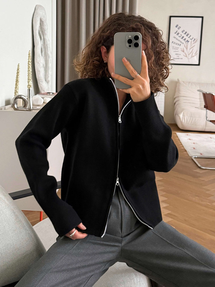 Áo khoác cardigan len dệt kim cổ đứng khóa kéo hai chiều dài tay — Màu nâu cà phê, Màu trắng, màu đen, màu đỏ
