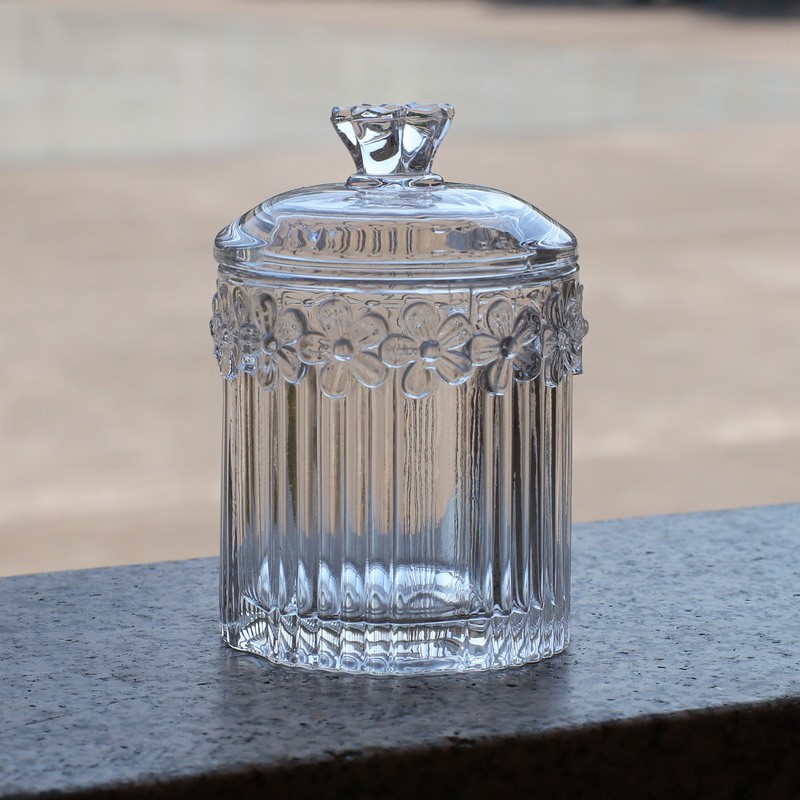 European Embossed Glass Lace Jewelry Storage Box Candy Jar Scented Candle Glass Jar Cotton Swab Toothpick Box