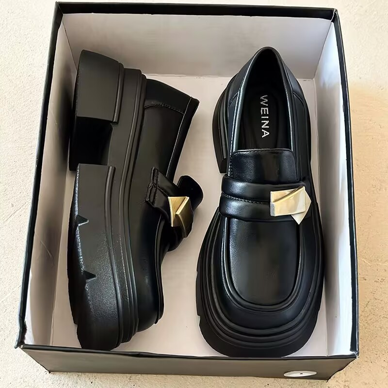 Schwarze Retro Damen Leder Loafer Mit Plateau Und Blockabsatz_voghion.com