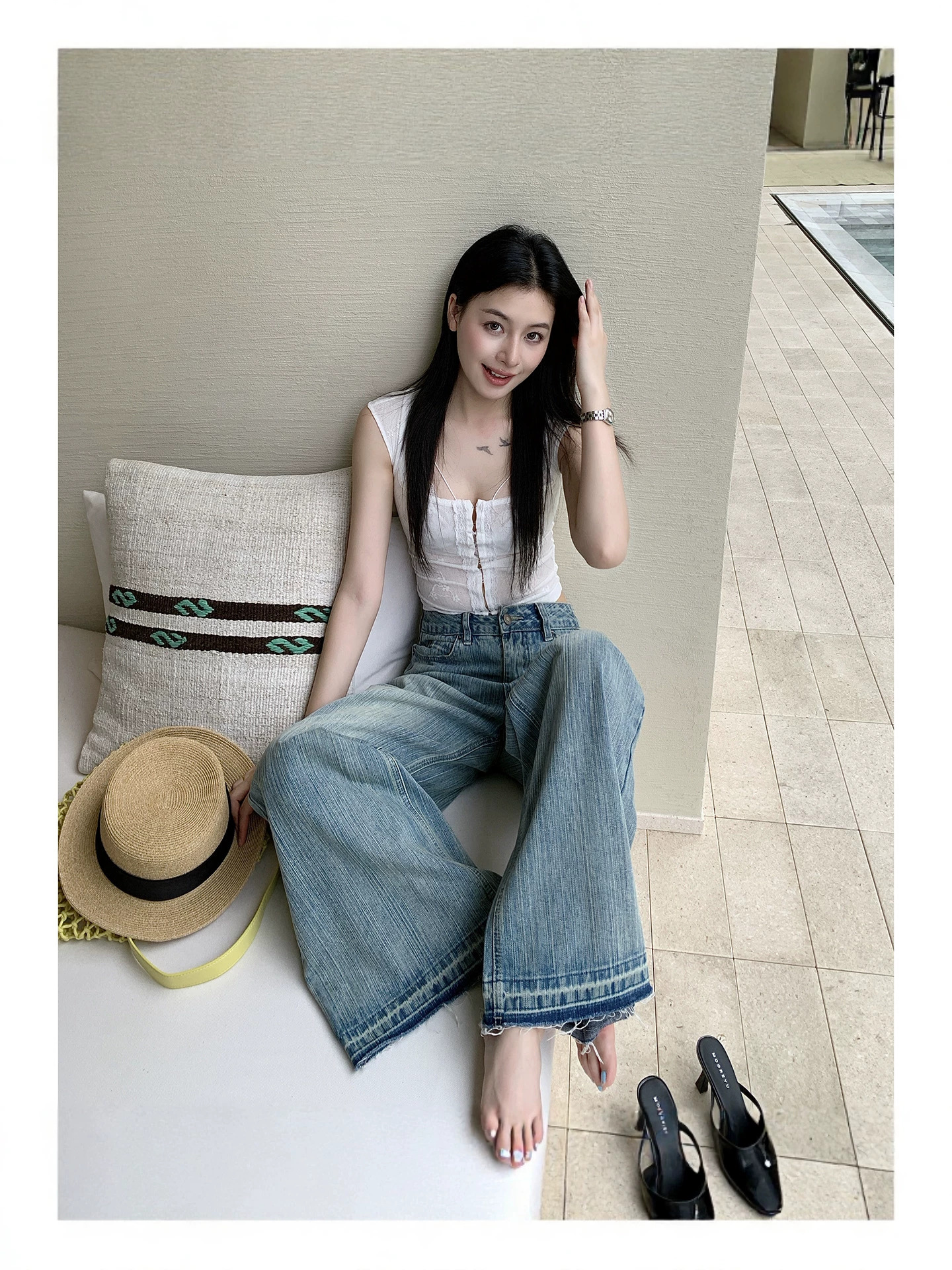 Summer New Style American Retro Bamboo Pattern Three-Dimensional Whisker Design Mid-Waist Frayed Jeans for Women