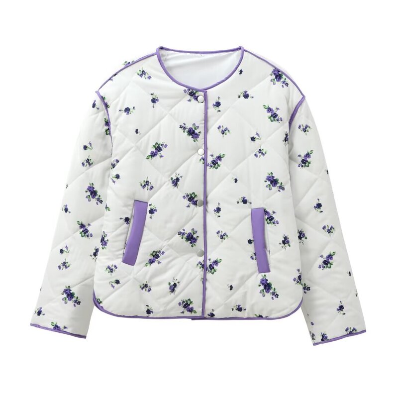 Cross-border European and American Winter Women's Round Neck Loose Quilted Lightweight Printed Cotton-padded Jacket Coat with Pocket Cross-border European and American Winter Women's Round Neck Loose Quilted Lightweight Printed Cotton-padded Jacket Coat with Pocket