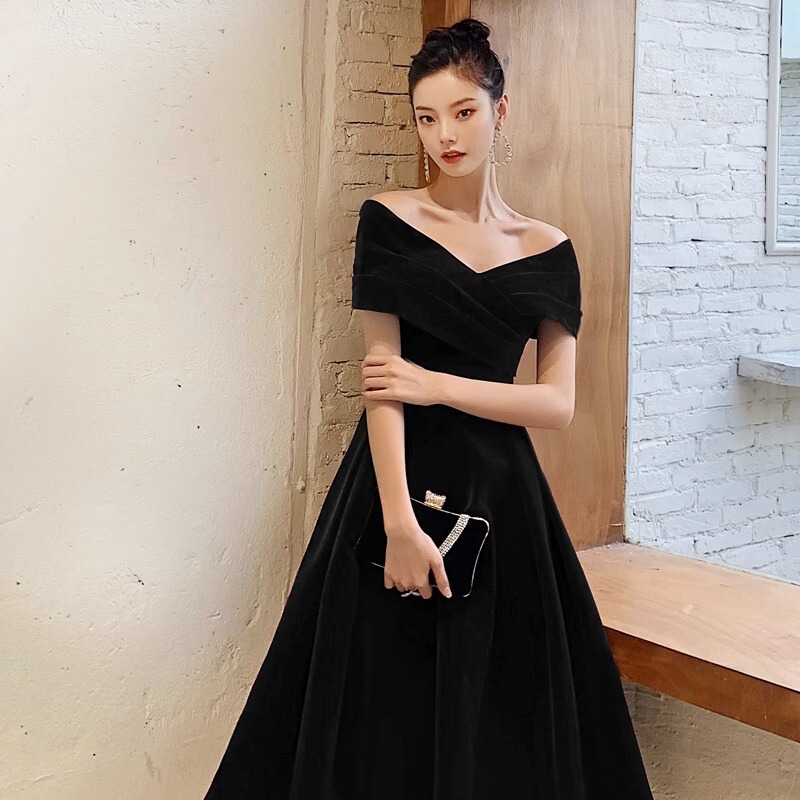 Black Slimming Evening Dress for Women 2026 Summer Plus Size Off-Shoulder Long Elegant Party Gown for Annual Events