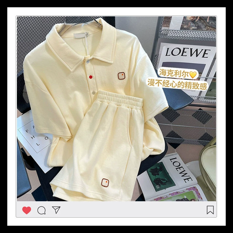 Женский спортивный костюм 2023, летний Повседневный СВОБОДНЫЙ Модный костюм в студенческом стиле, воротник-поло, шорты с короткими рукавами, Модный комплект из двух предметов