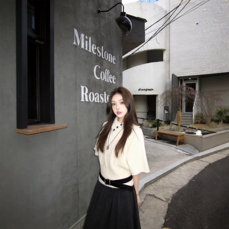 New Korean-style retro, chic, and elegant sweater with a slanted collar and mid-length sleeves, perfect for autumn, offering a loose and relaxed fit, and versatile for pairing with various outfits