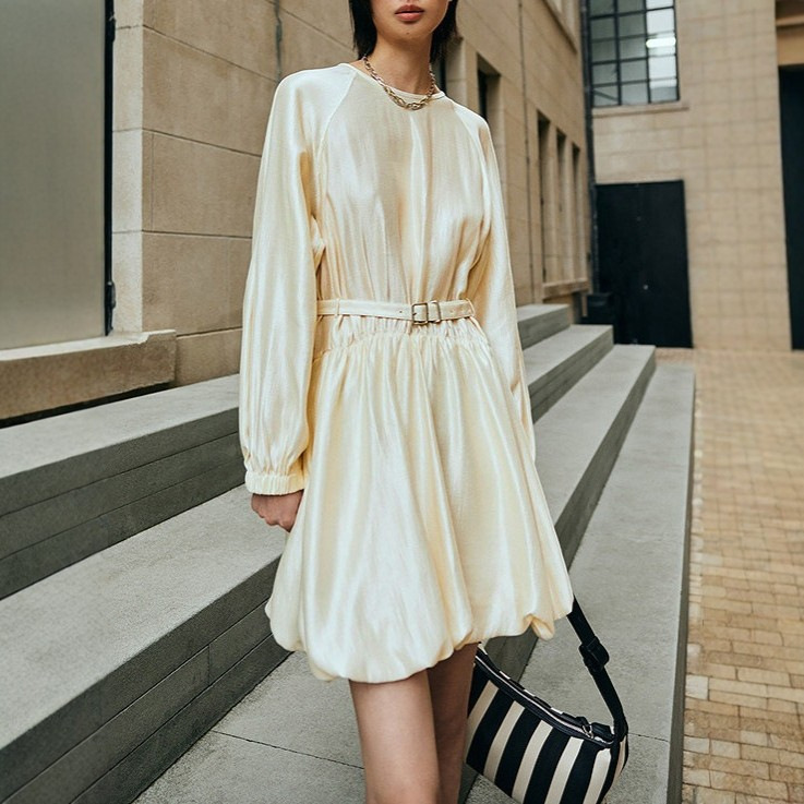 2026 Spring New French Style Draped Elegant Raglan Lantern Sleeve Belted Puffy Dress for Women 2026 Spring New French Style Draped Elegant Raglan Lantern Sleeve Belted Puffy Dress for Women