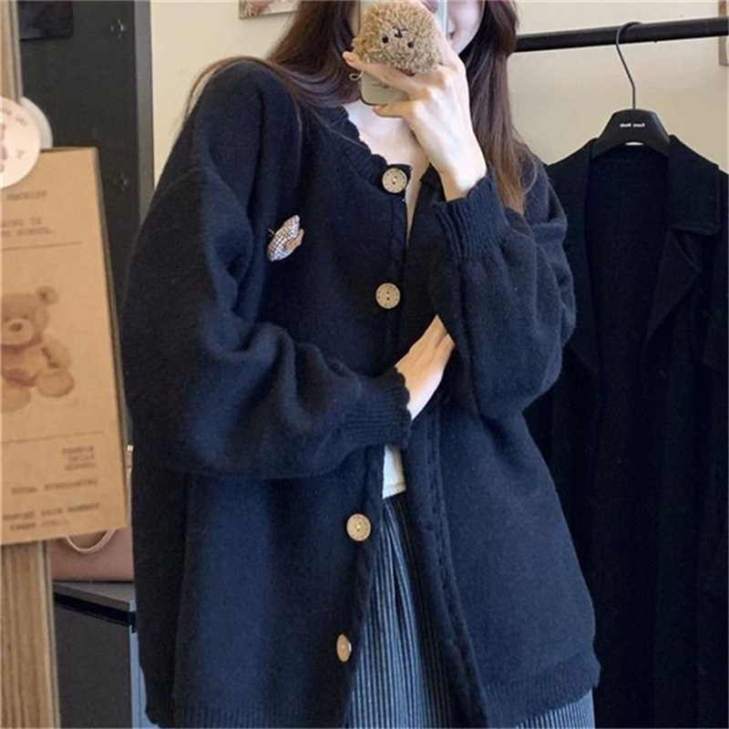 韩版可爱花边挂件小熊百搭针织女开衫秋冬新款简约大版毛衣女外套|undefined