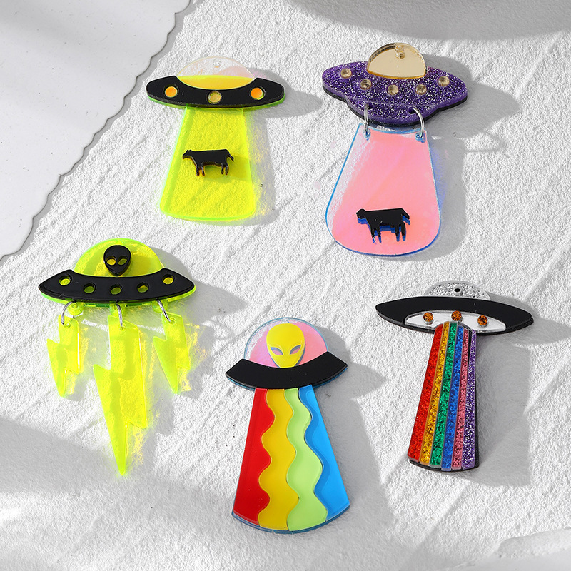Acrylic Rainbow UFO Spacecraft Lightning Alien Jewelry Pendant DIY Creative Earrings Necklace Keychain Accessories