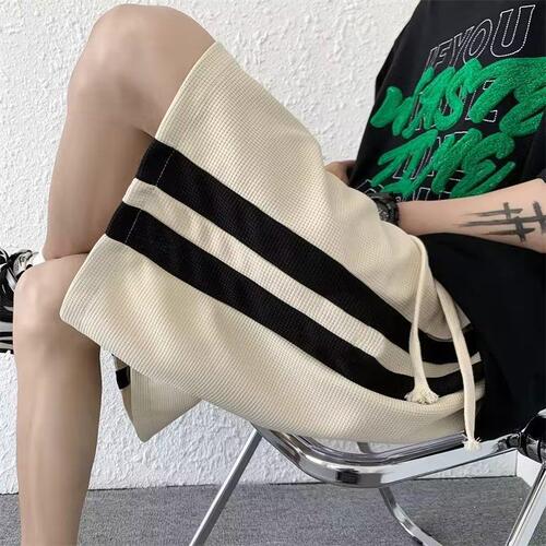 Waffle Short Shorts for Men - Summer Striped Athletic Fashion Trendy Cool Outerwear Basketball Wide Leg Five-Eighth American Loose