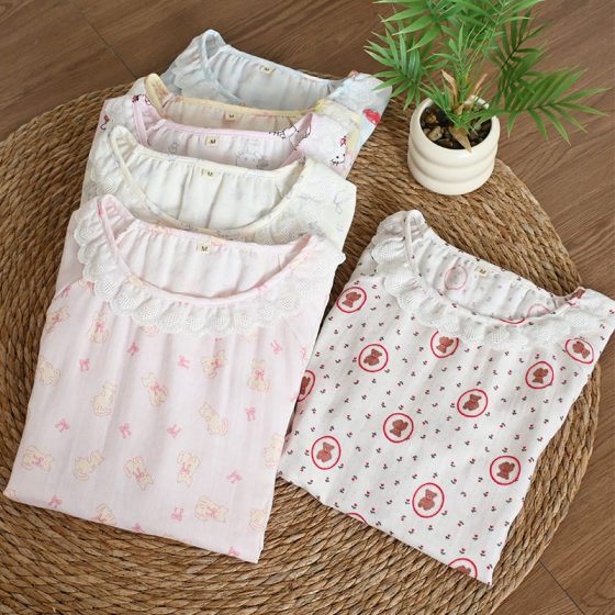 Baby Cotton Yarn Summer Thin Short-sleeved Nightdress Women's Lace Age-reducing Cartoon Breathable Sweat-absorbent Cotton Home Wear Nightdress