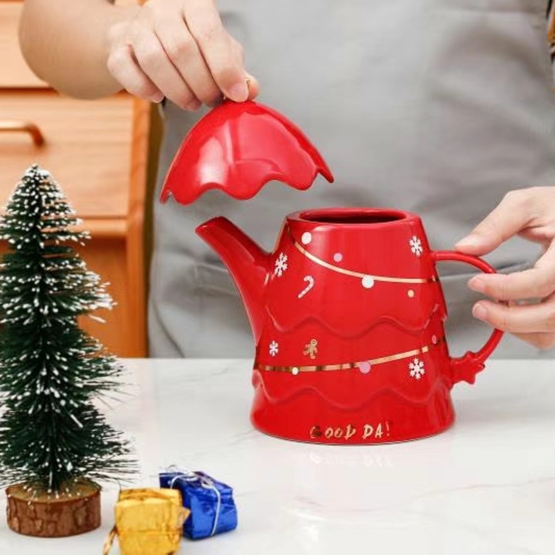 Estilo nórdico de cerámica personalizada árbol de Navidad juego de agua traje de regalo perfumado té botella de agua fría con bandeja de taza combinación