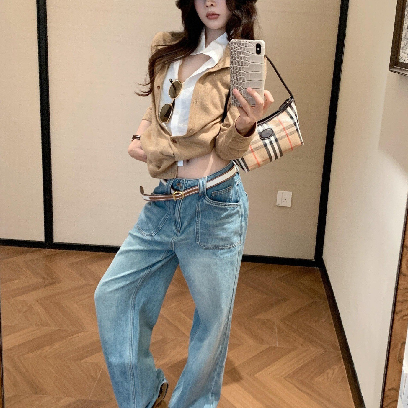 Leatherc 羊毛针织开衫女秋季老钱风假两件亚麻拼接立领毛衣上衣