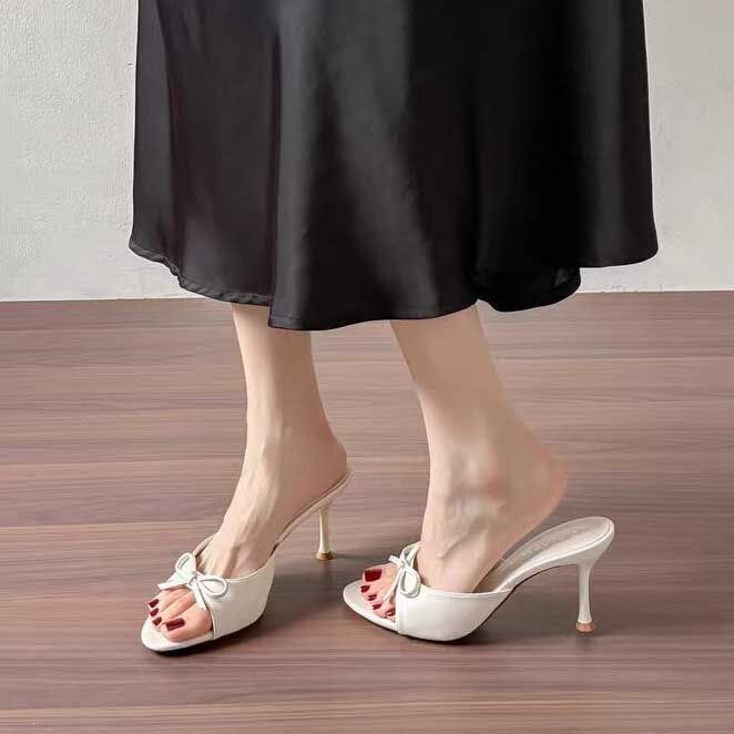Thin-Heeled 2026 Stylish Slip-On French-Style High-Heeled Open-Toe Sandals for Women, Summer Bow-Knot Design