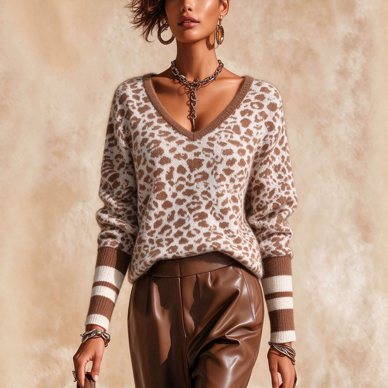 2026 European and American leopard print mohair V-neck sweater for women, retro drop-shoulder lantern long-sleeve loose and relaxed knit top 2026 European and American leopard print mohair V-neck sweater for women, retro drop-shoulder lantern long-sleeve loose and relaxed knit top