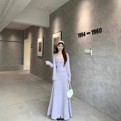 温柔风抹胸褶皱背心长袖开衫外套高腰半身裙女2025秋季新款套装潮