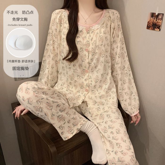带胸垫睡衣女秋季2025年新款新国风圆领长袖长裤套装家居服可外穿|undefined