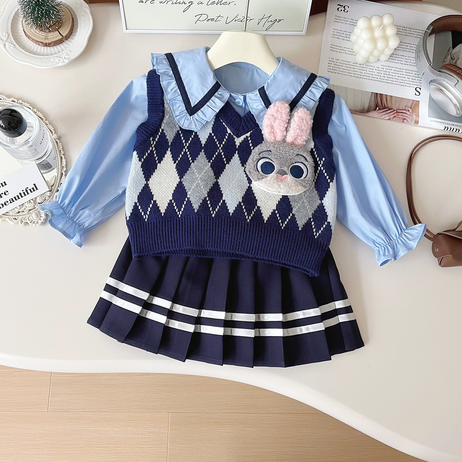 Mädchen Hasen Polizistin Jk Uniform Strickweste Rock Set_voghion.com