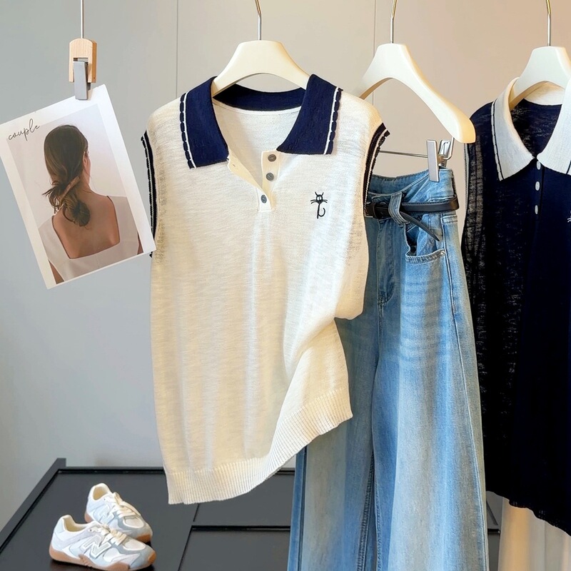 Popular Bamboo Knit Color-Block Polo Collar Embroidered Sleeveless Knit Top for Women, Summer Loose Fit, Slimming, Versatile Casual Top