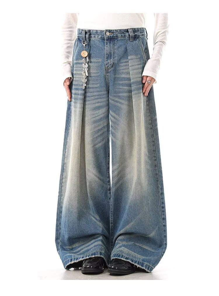 High Waist Wide-Leg Vintage Washed Jeans Cat Whisker Distressing Classic Blue S-3XL Men's Clothing Denim Trousers_mkmklike.com