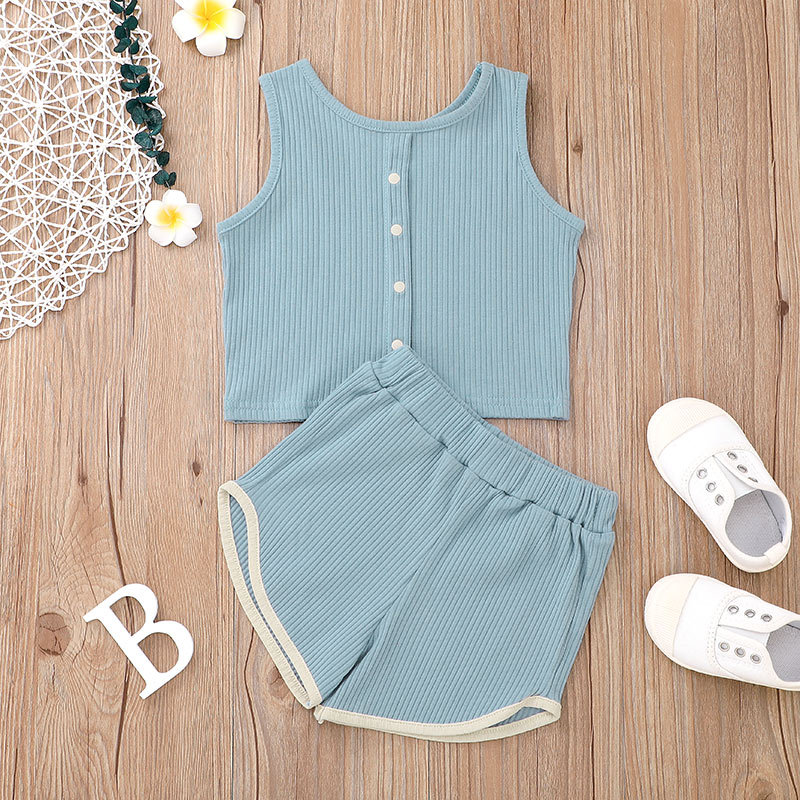 Children's Clothes Korean Fashion Sunken Stripe Suit Children's Solid Color Vest Shorts Two-piece Set Foreign Trade In Stock display picture 12